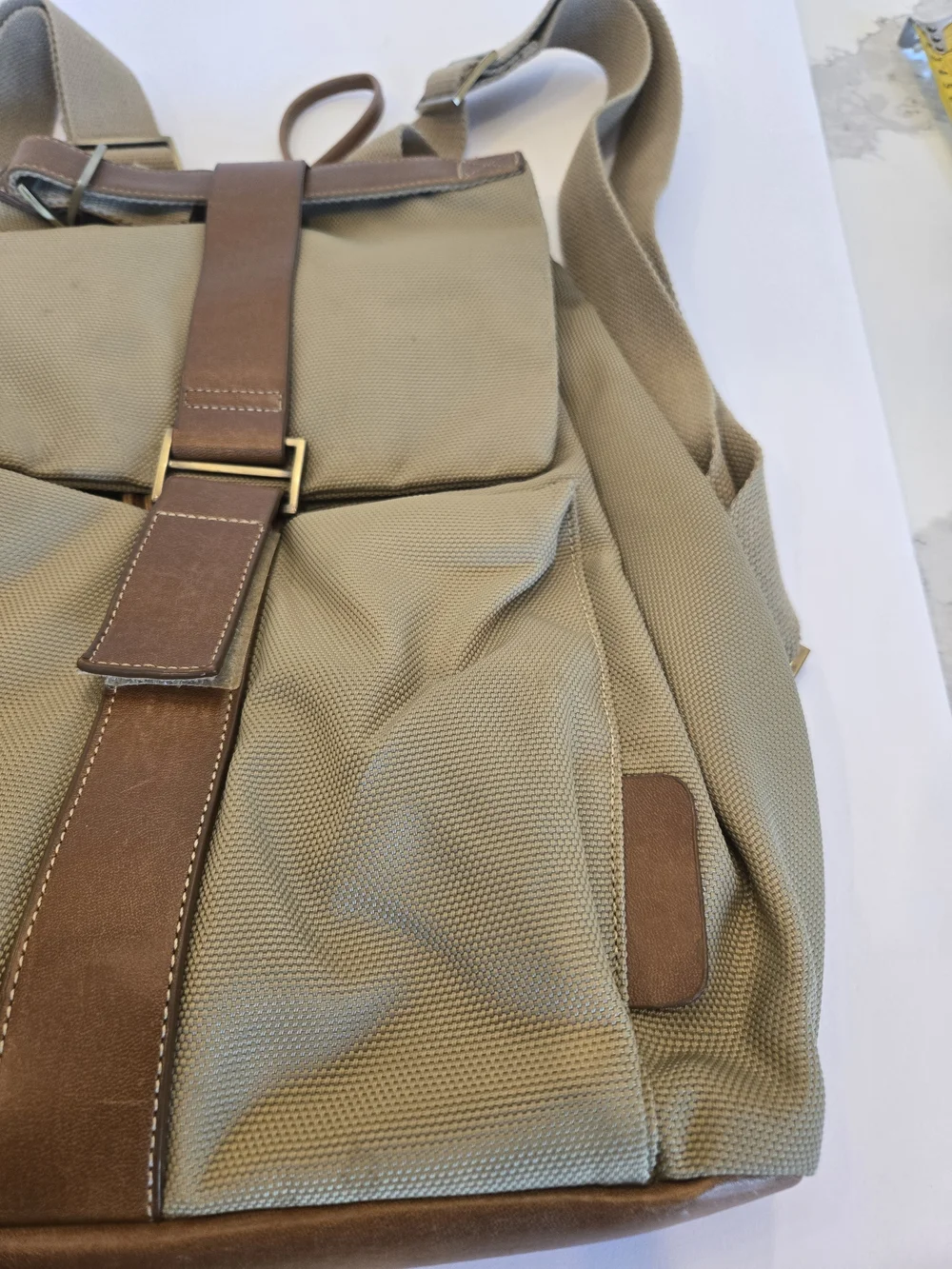 Khaki Canvas Backpack with Brown Trim for Women